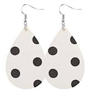 New Boutique Lightweight Faux Leather White & Black Polka Dot Teardrop Earrings